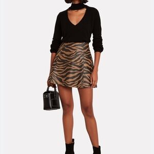 VEDA Brown zebra Animal Print mini skirt 100% Leather A-Line size P (XS)
